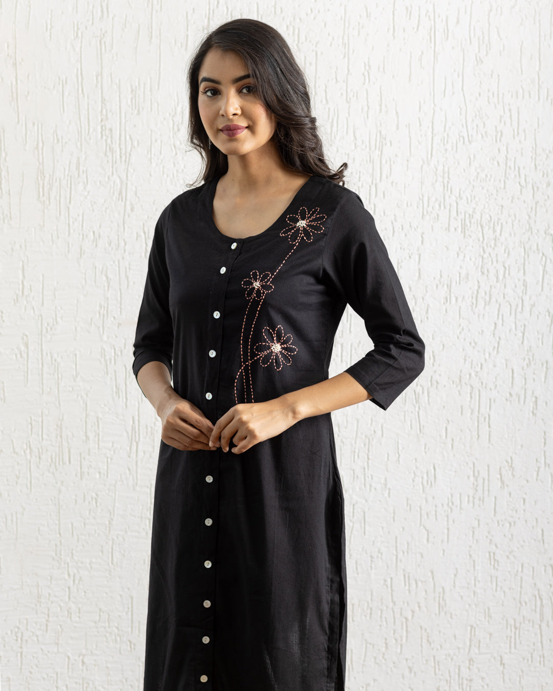 Plain Black Flowers Embroidery Kurta