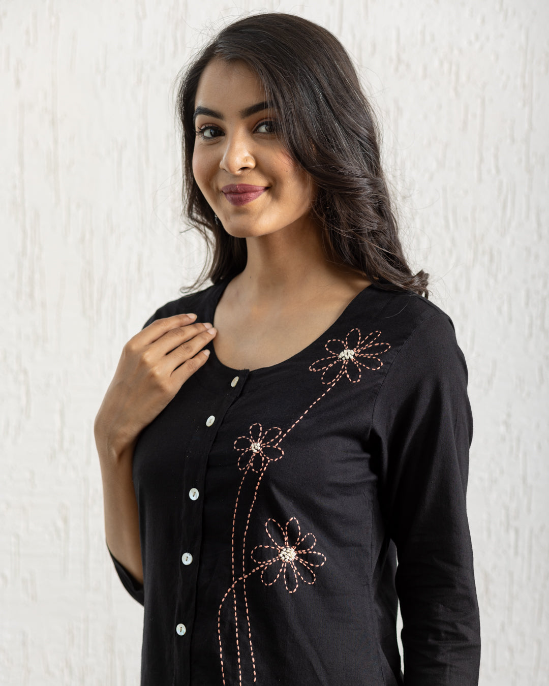 Plain Black Flowers Embroidery Kurta
