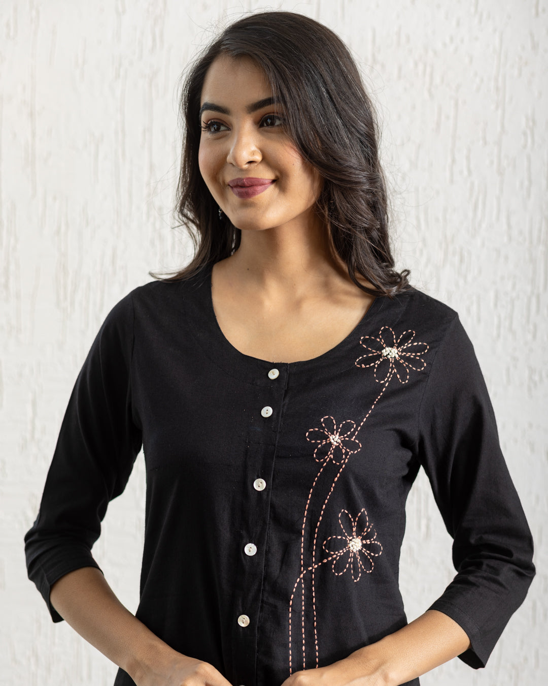Plain Black Flowers Embroidery Kurta