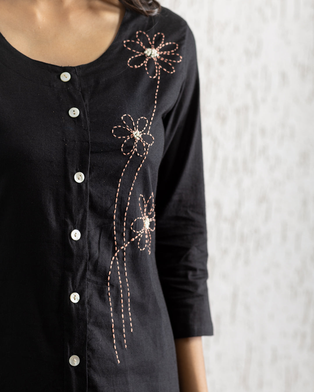 Plain Black Flowers Embroidery Kurta