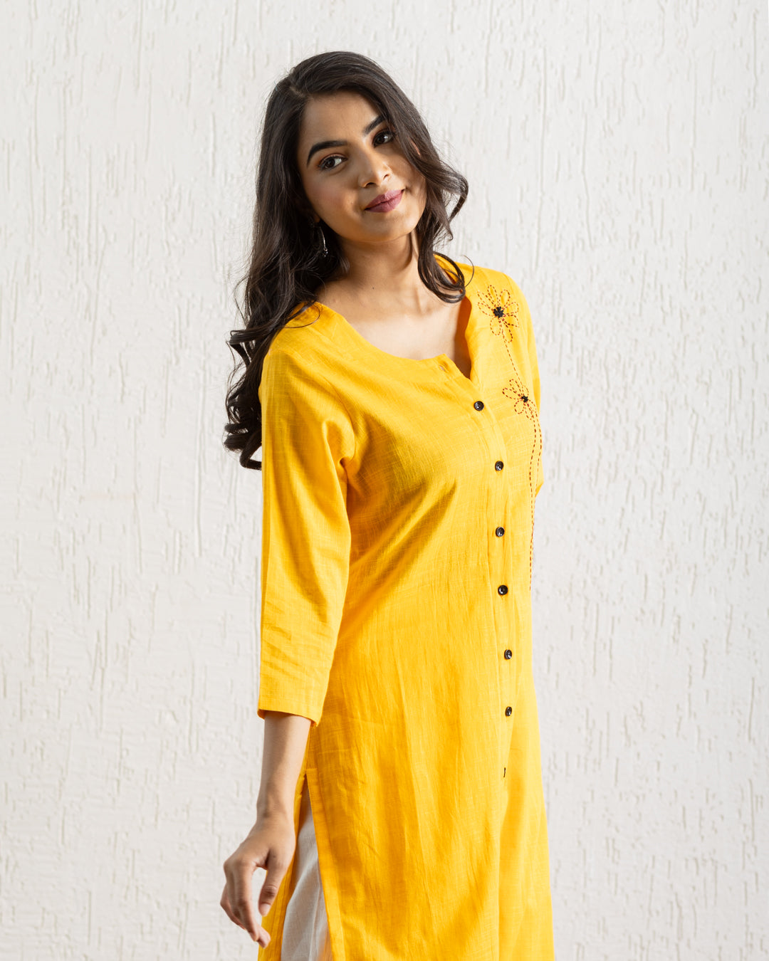 Plain Yellow Flowers Embroidery Kurta