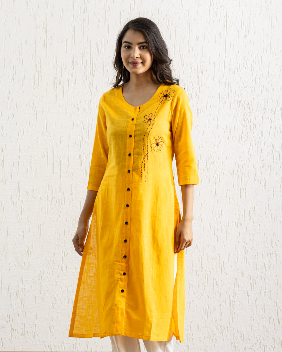 Plain Yellow Flowers Embroidery Kurta
