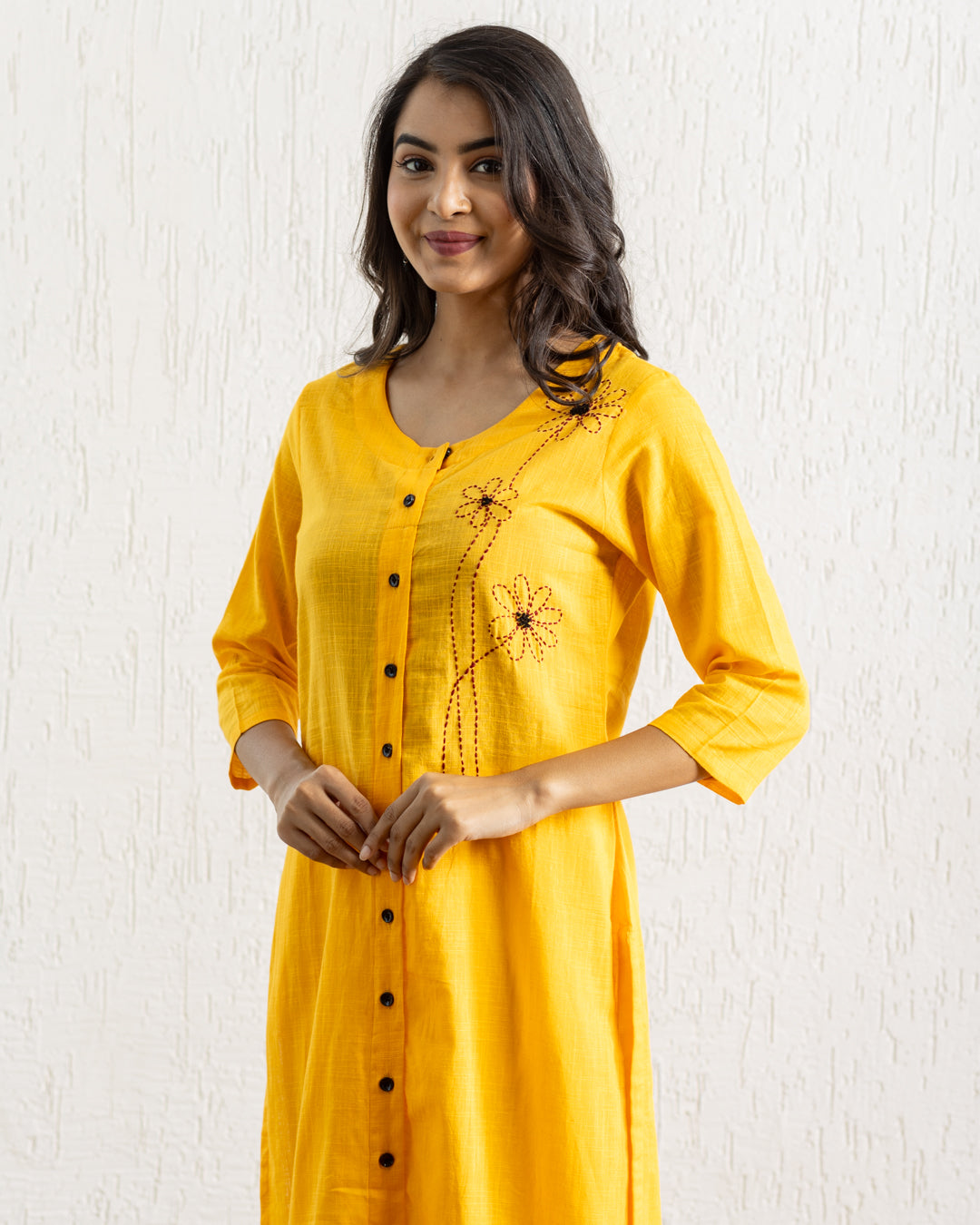 Plain Yellow Flowers Embroidery Kurta