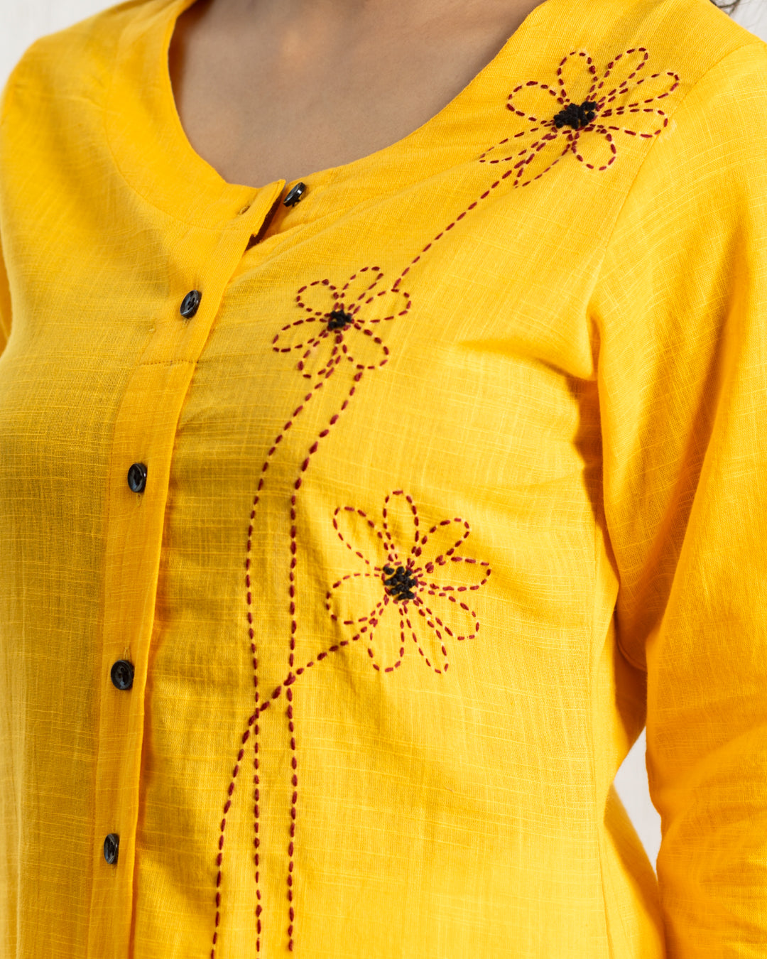 Plain Yellow Flowers Embroidery Kurta