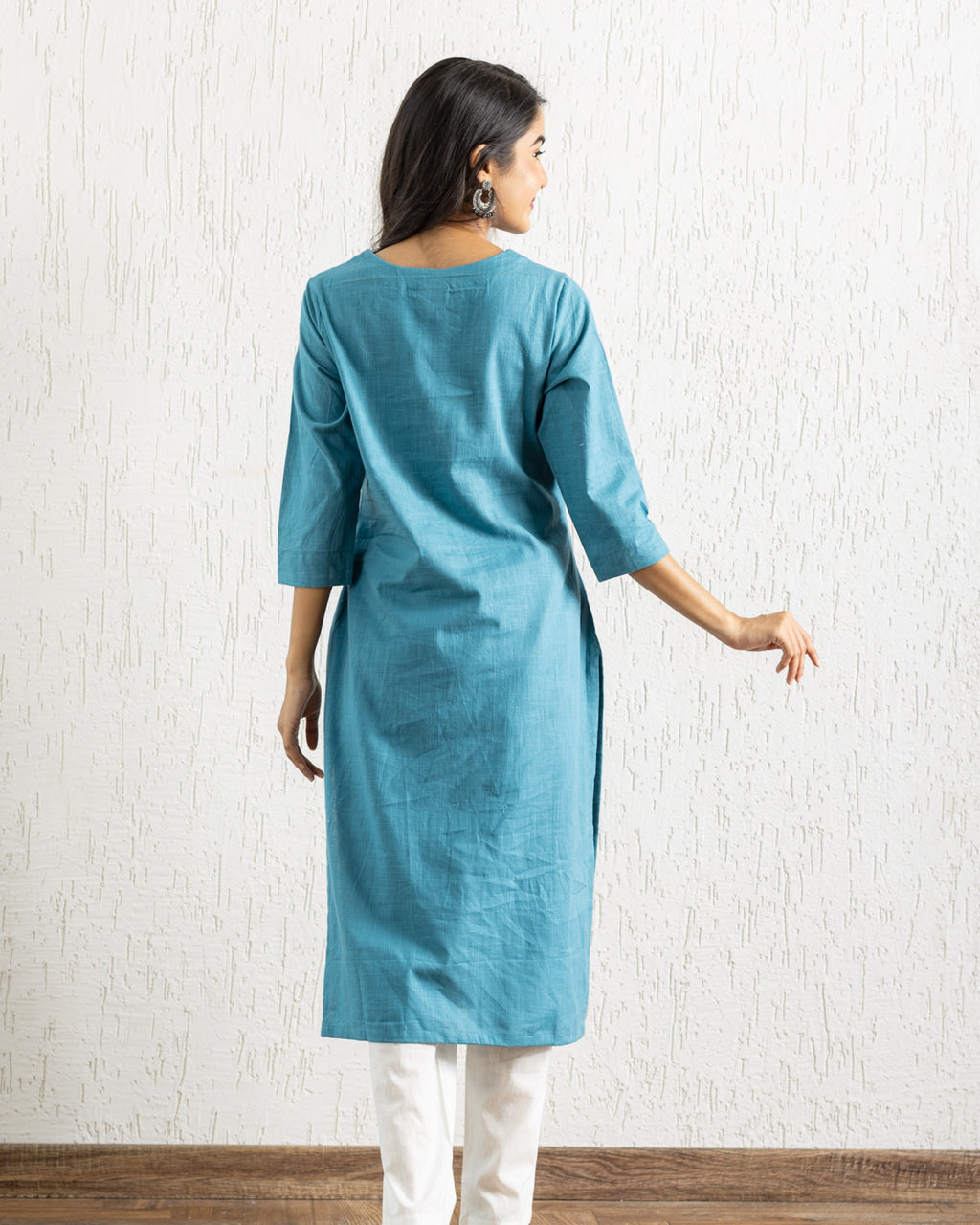 Plain Turquoise Blue Flowers Embroidery Kurta