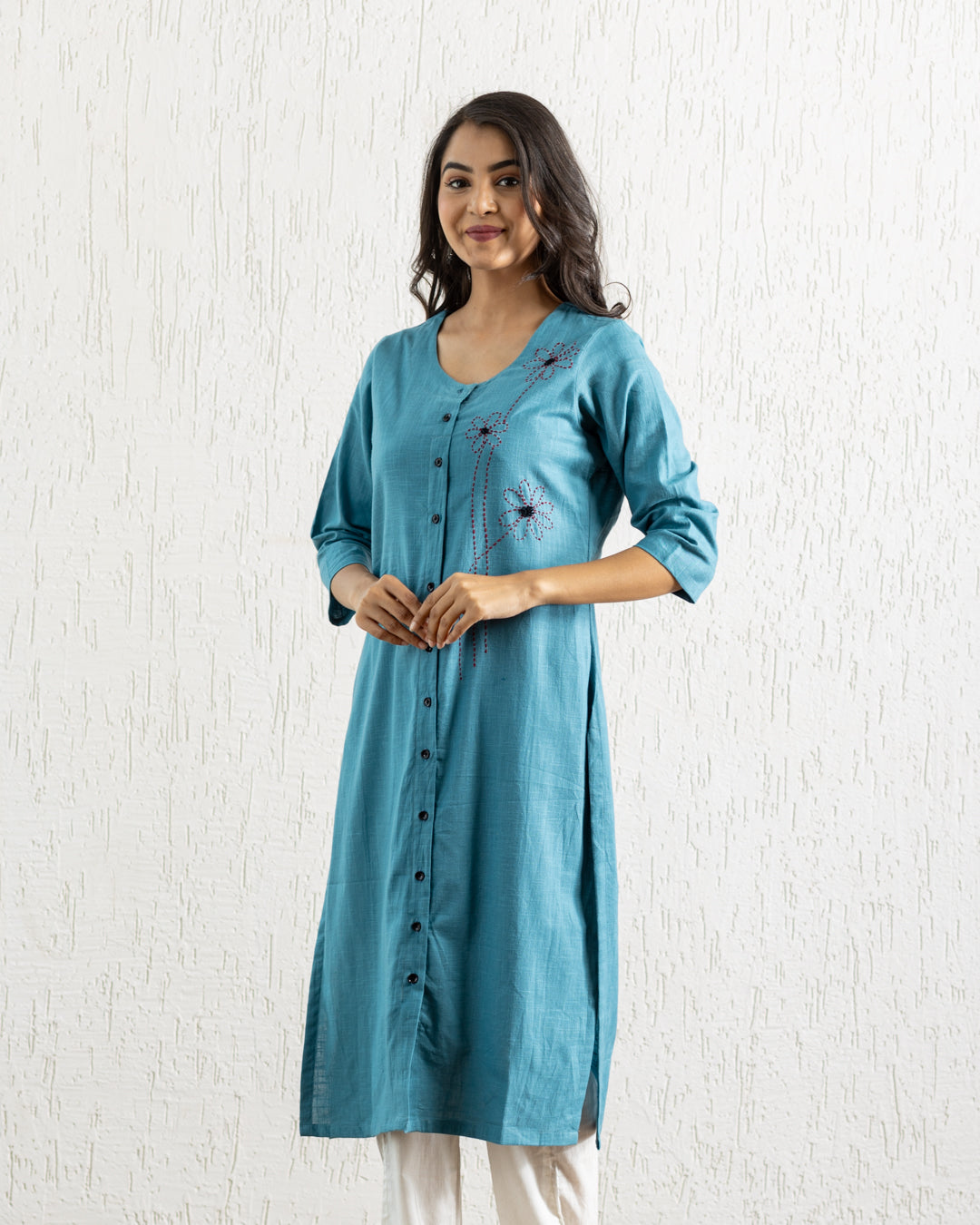 Plain Turquoise Blue Flowers Embroidery Kurta