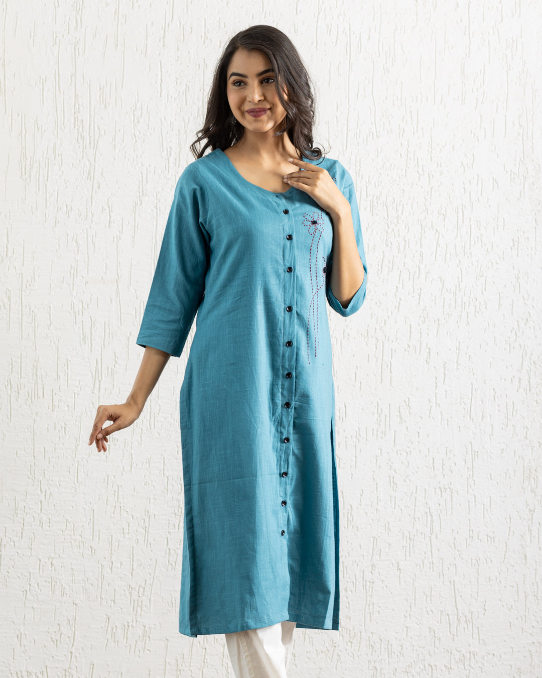Plain Turquoise Blue Flowers Embroidery Kurta
