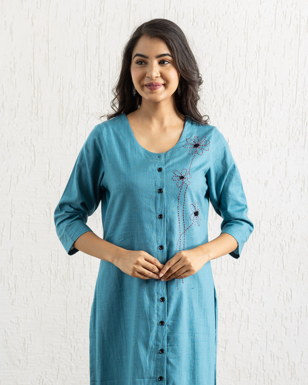 Plain Turquoise Blue Flowers Embroidery Kurta
