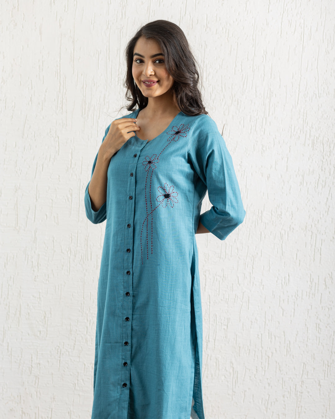 Plain Turquoise Blue Flowers Embroidery Kurta