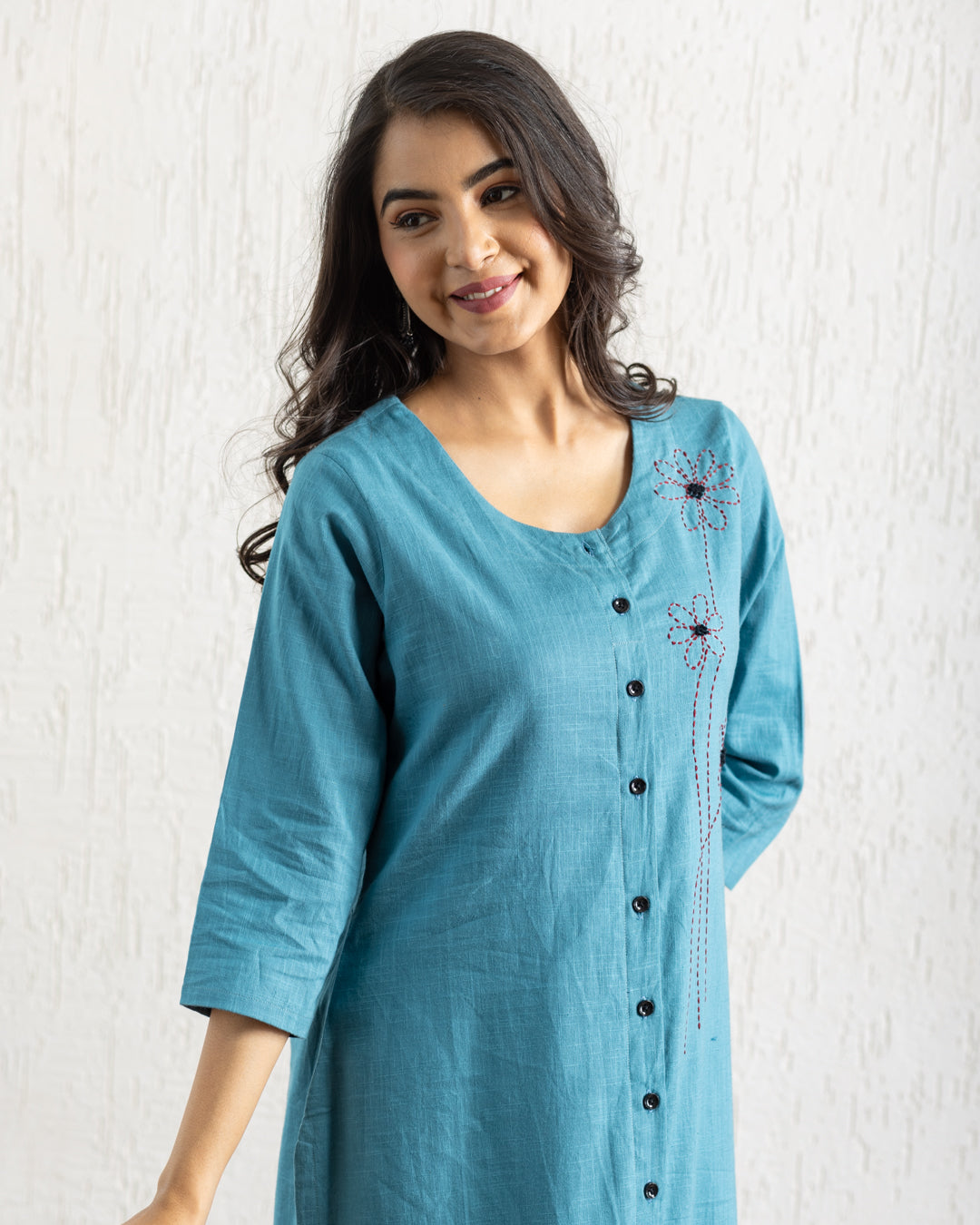 Plain Turquoise Blue Flowers Embroidery Kurta