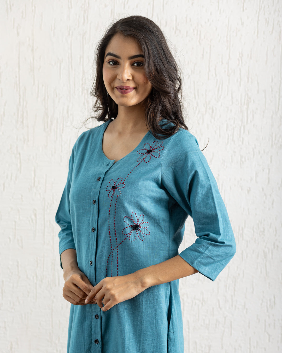 Plain Turquoise Blue Flowers Embroidery Kurta