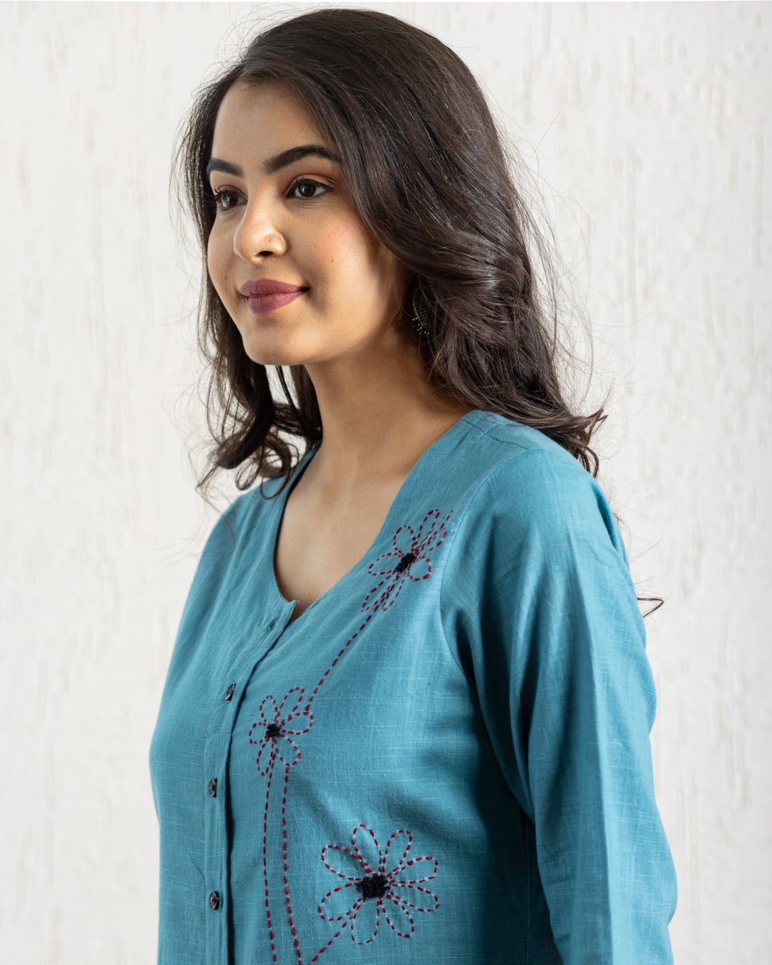 Plain Turquoise Blue Flowers Embroidery Kurta
