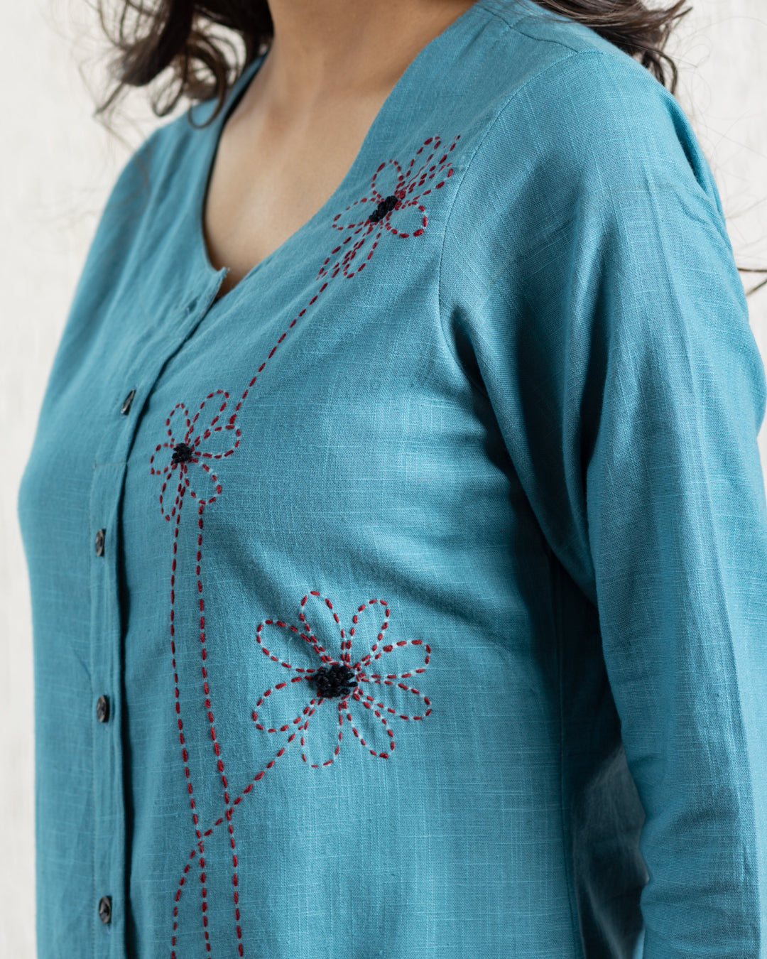 Plain Turquoise Blue Flowers Embroidery Kurta