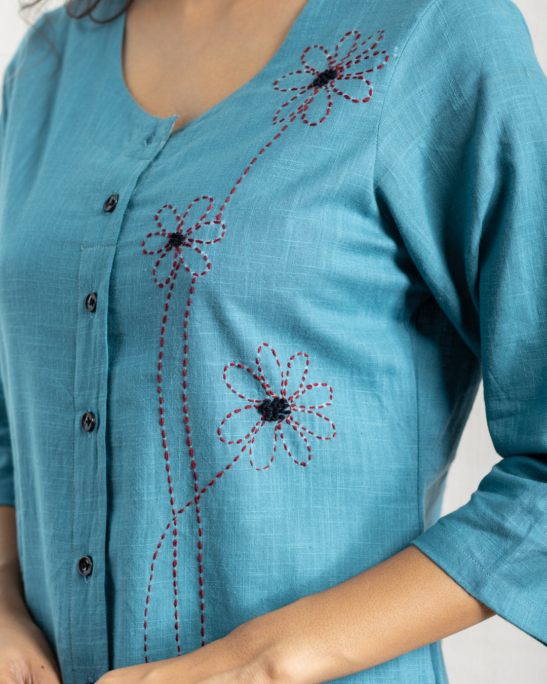 Plain Turquoise Blue Flowers Embroidery Kurta