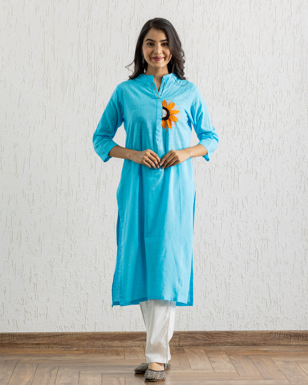 Plain Blue Sunflower Embroidery Kurta