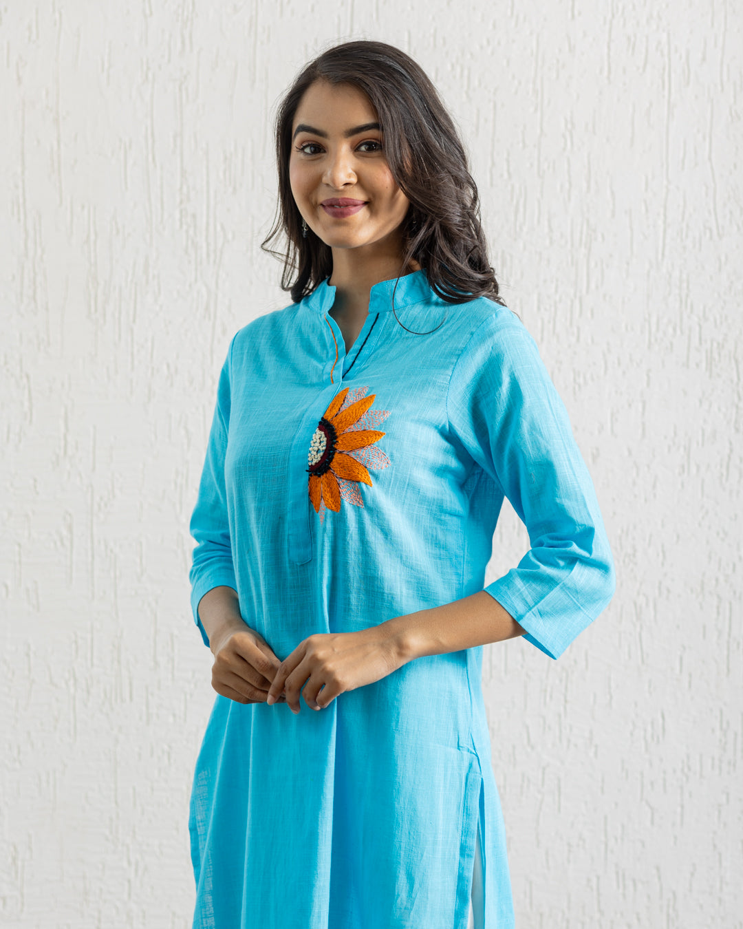 Plain Blue Sunflower Embroidery Kurta