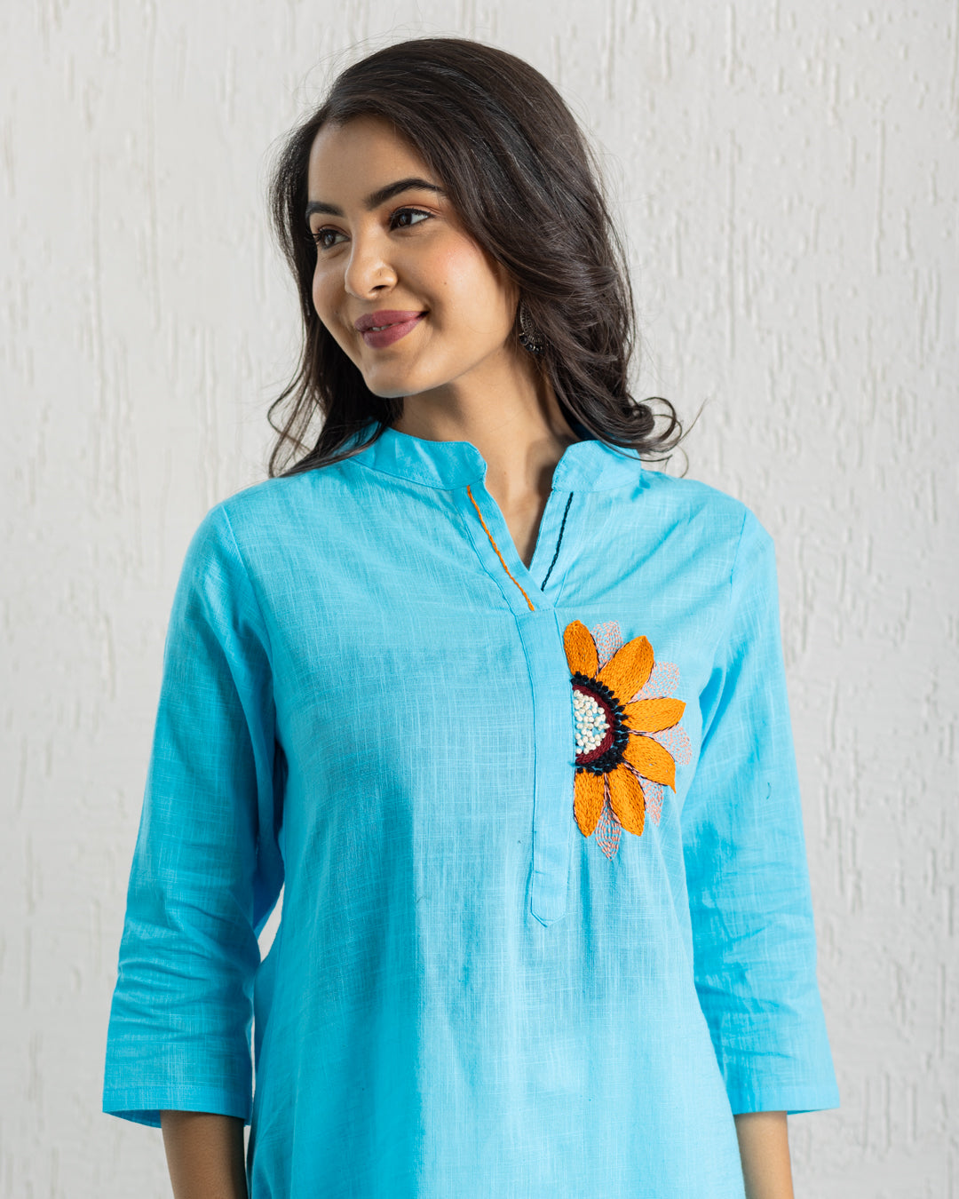 Plain Blue Sunflower Embroidery Kurta