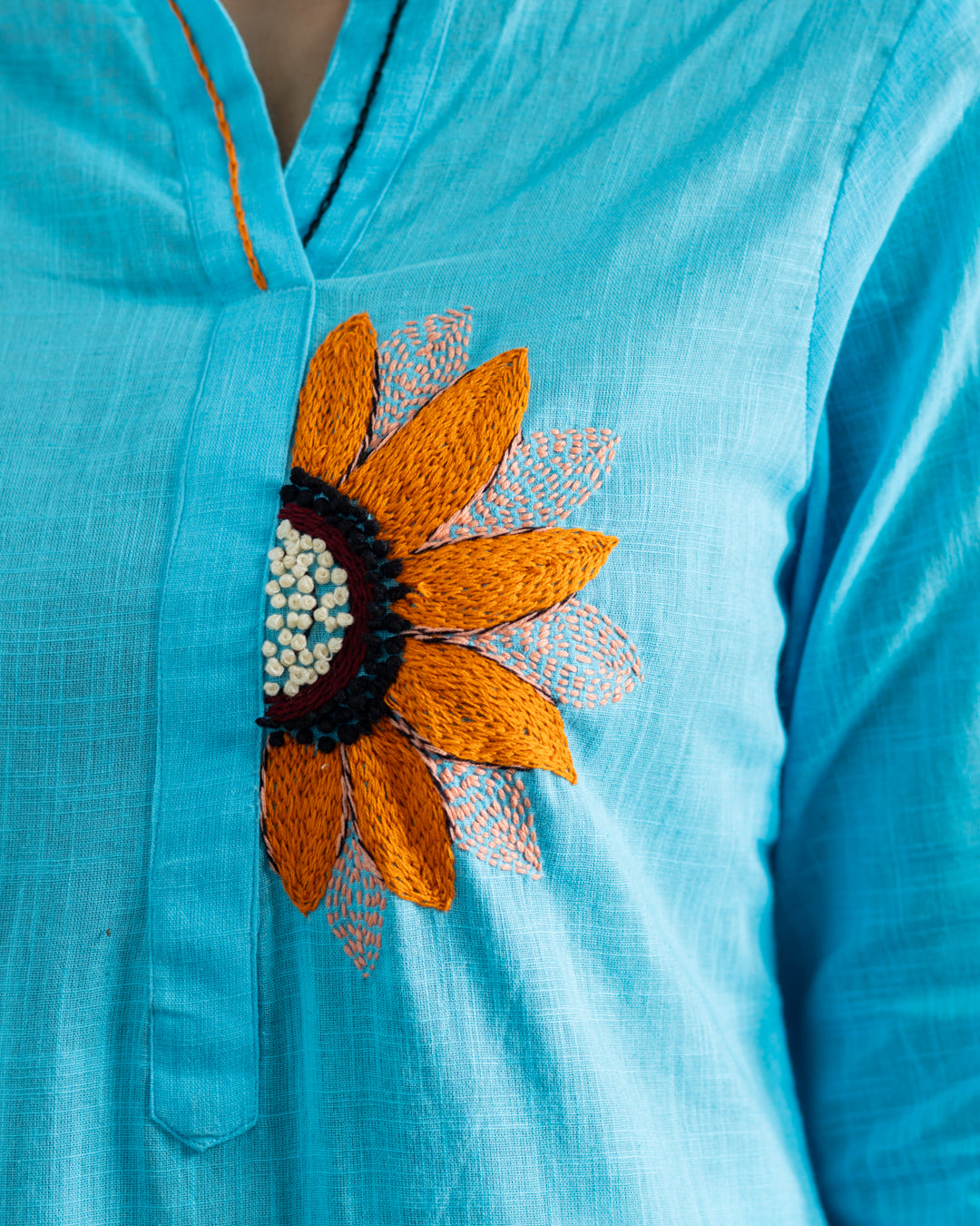 Plain Blue Sunflower Embroidery Kurta