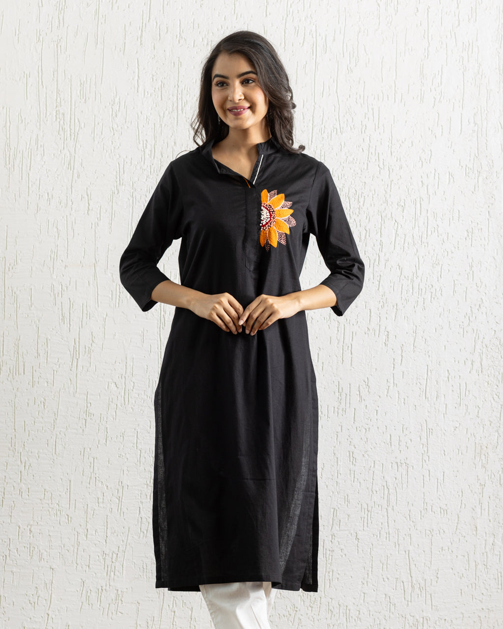 Plain Black Sunflower Embroidery Kurta