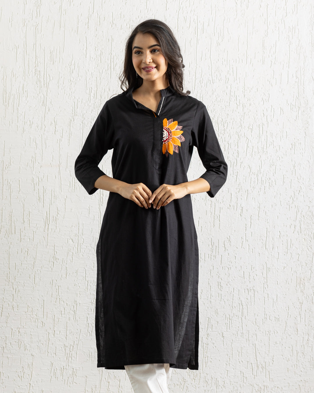Plain Black Sunflower Embroidery Kurta