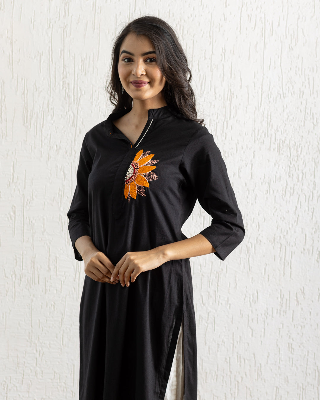 Plain Black Sunflower Embroidery Kurta