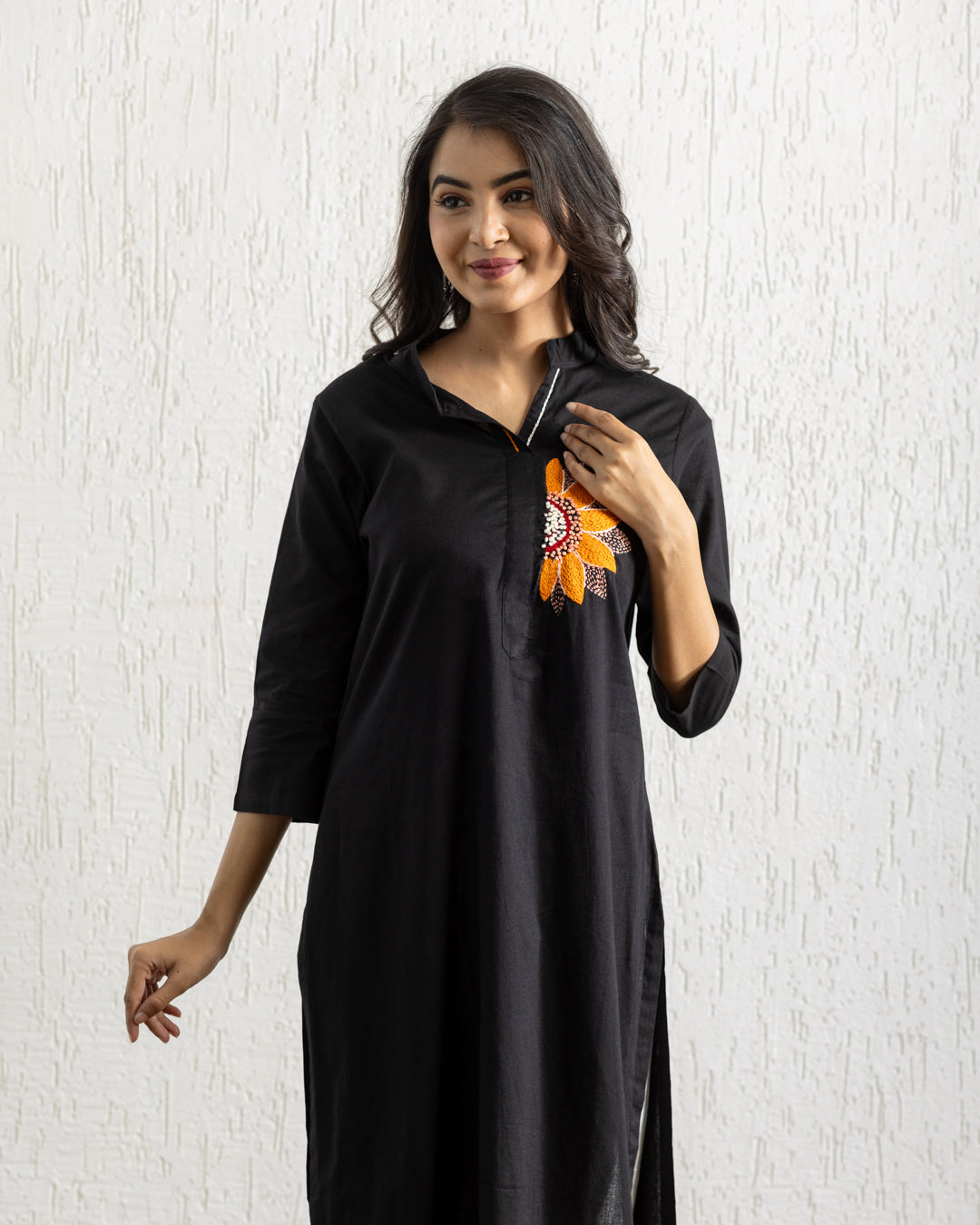 Plain Black Sunflower Embroidery Kurta