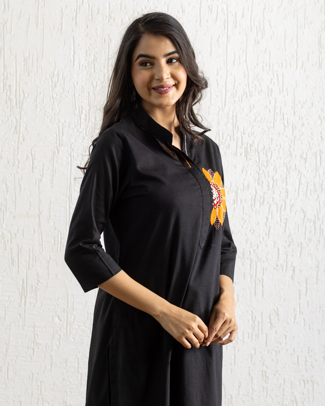 Plain Black Sunflower Embroidery Kurta