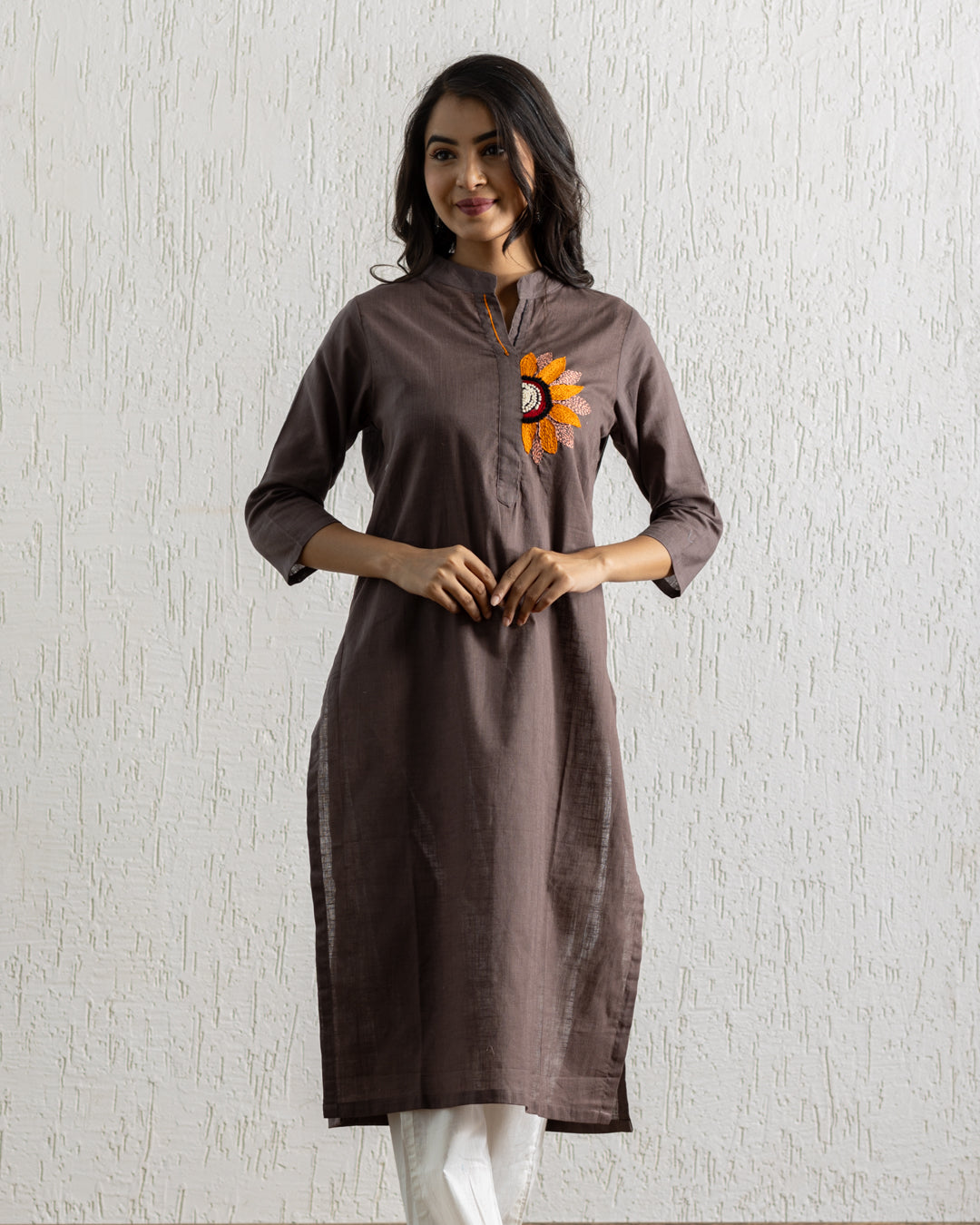 Plain Brown Sunflower Embroidery Kurta