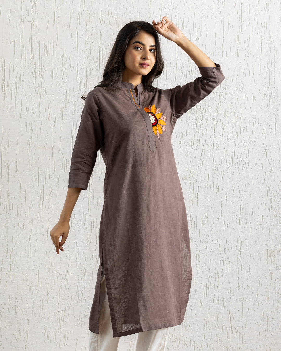 Plain Brown Sunflower Embroidery Kurta