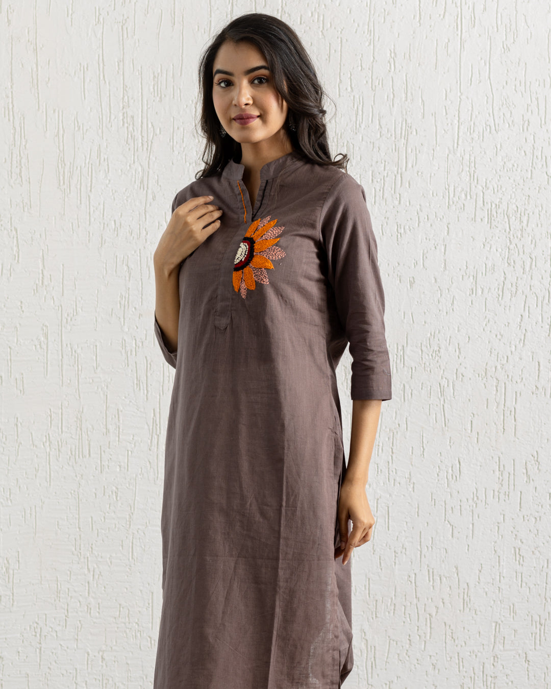 Plain Brown Sunflower Embroidery Kurta