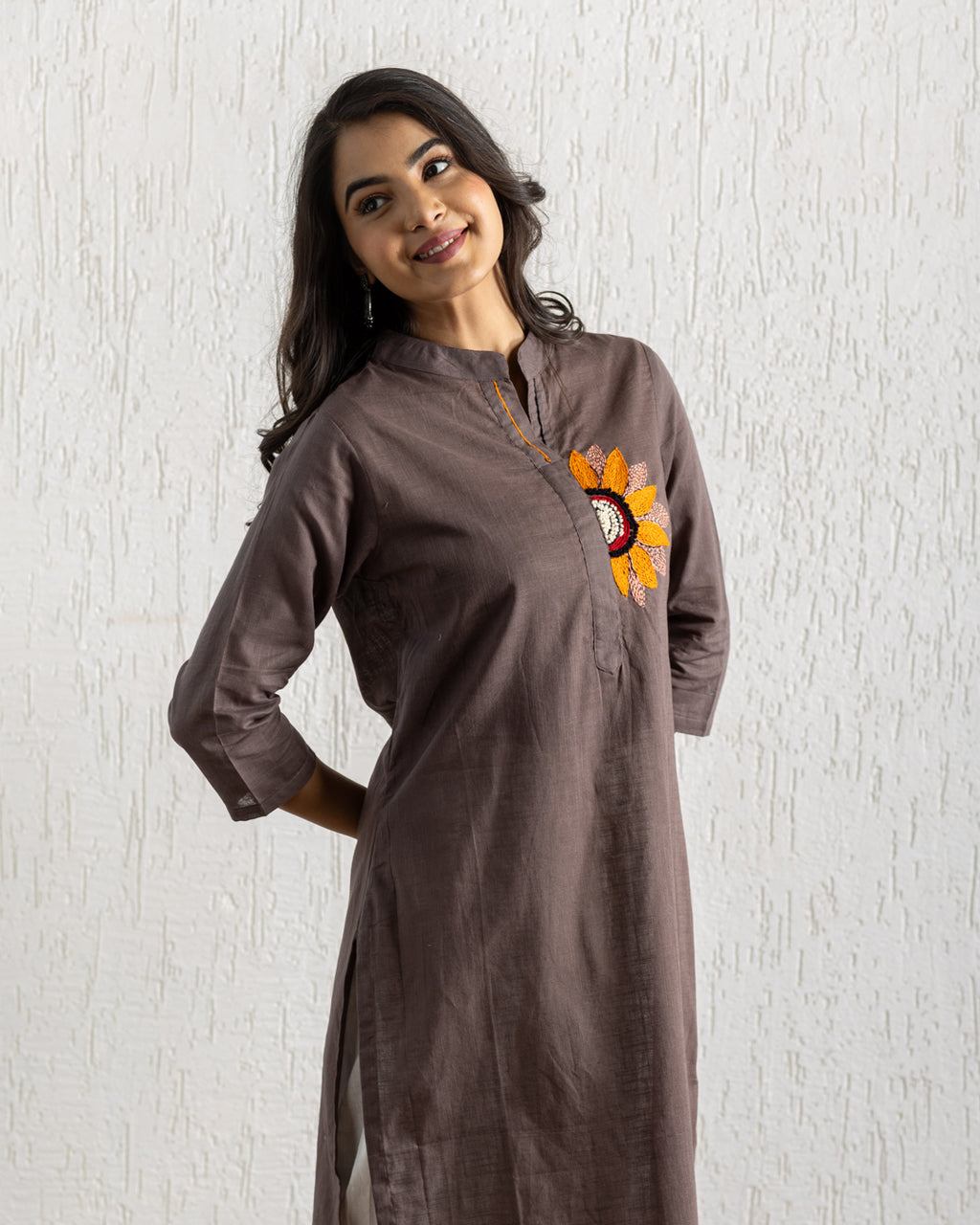 Plain Brown Sunflower Embroidery Kurta