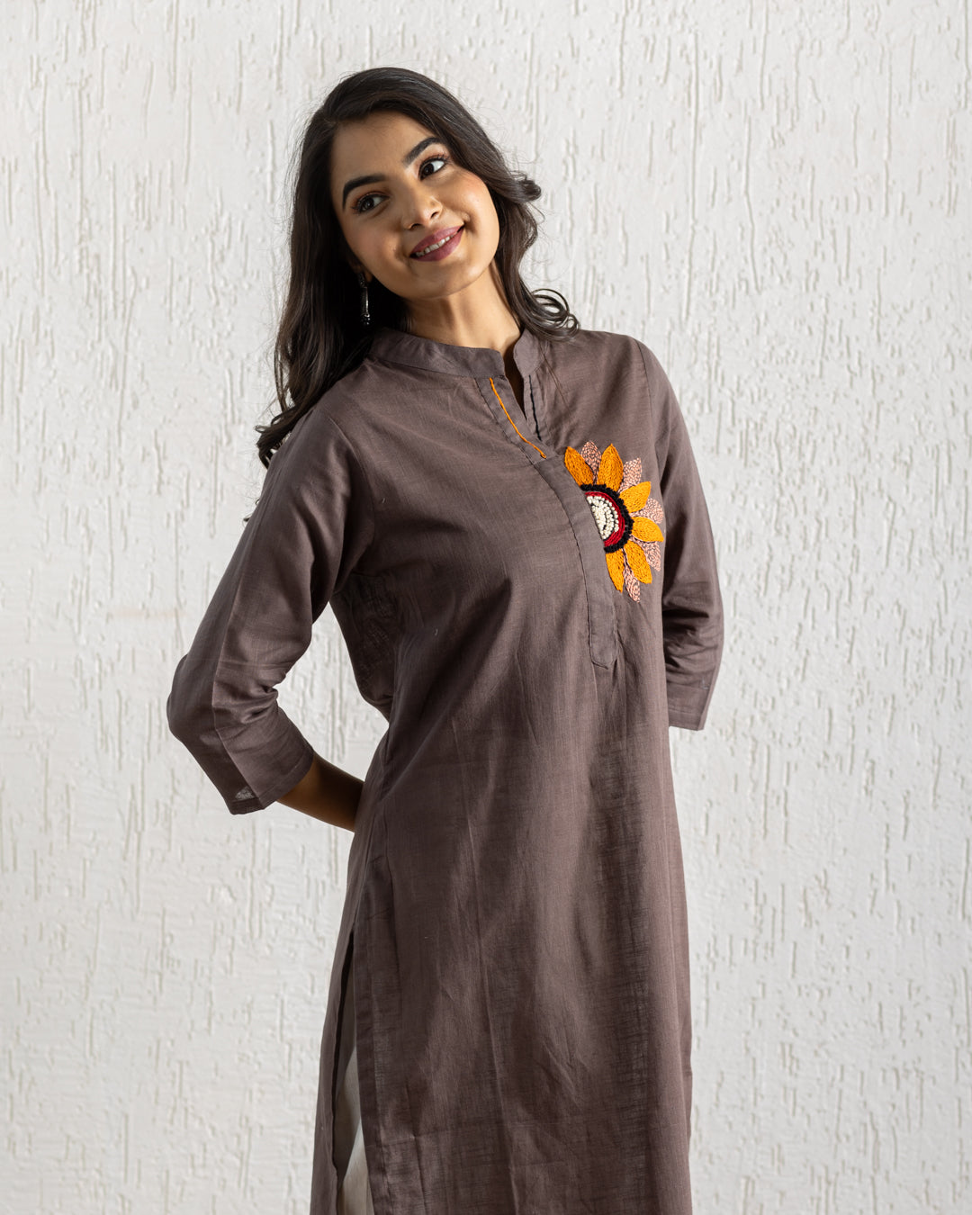 Plain Brown Sunflower Embroidery Kurta