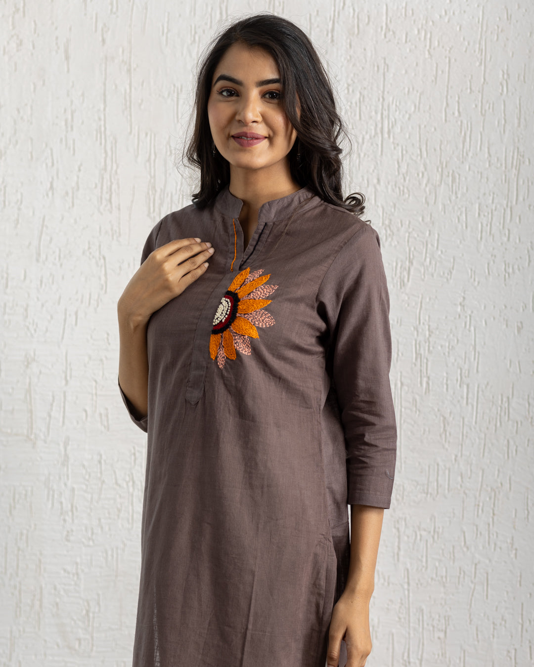 Plain Brown Sunflower Embroidery Kurta