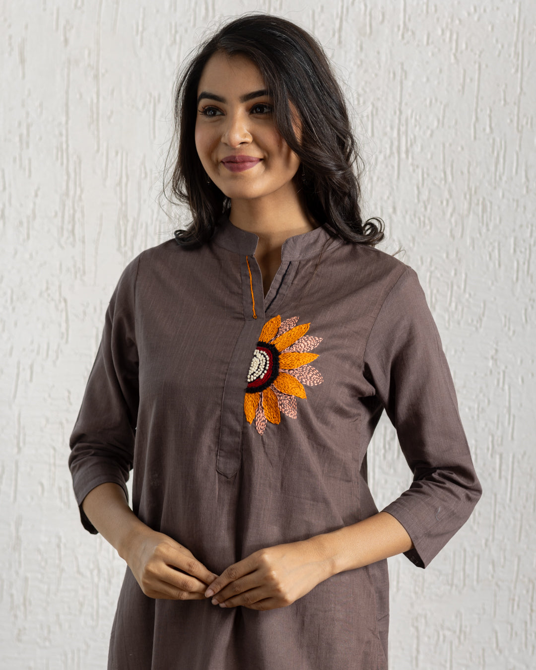 Plain Brown Sunflower Embroidery Kurta