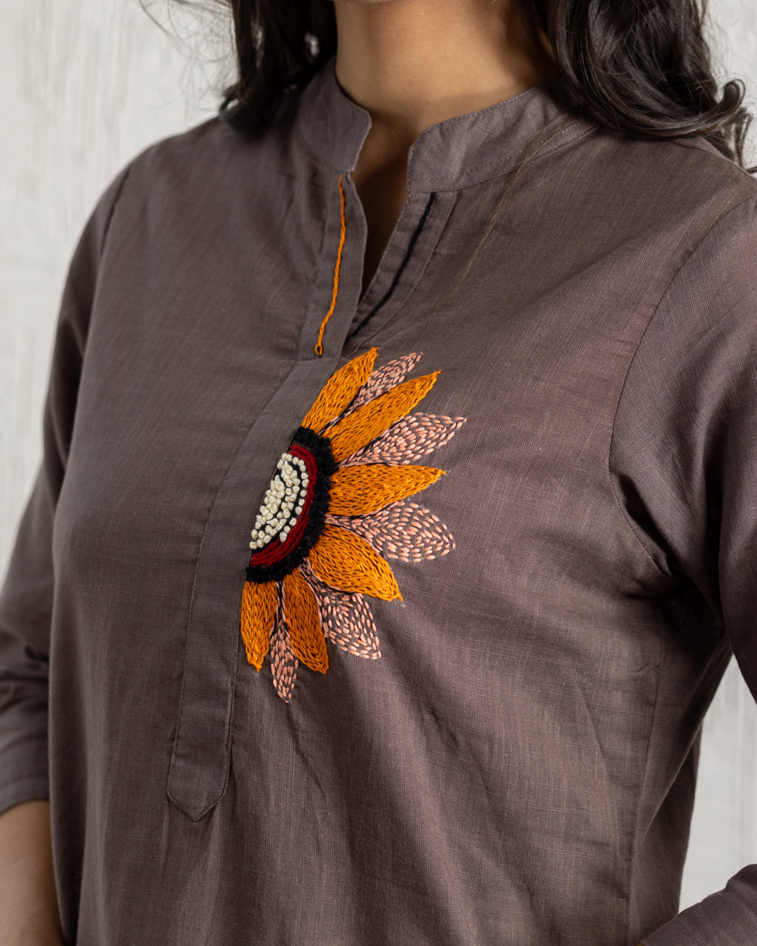 Plain Brown Sunflower Embroidery Kurta