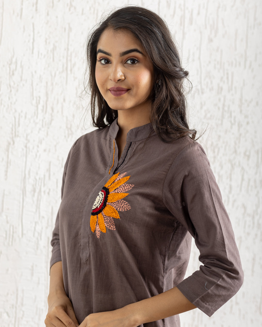 Plain Brown Sunflower Embroidery Kurta