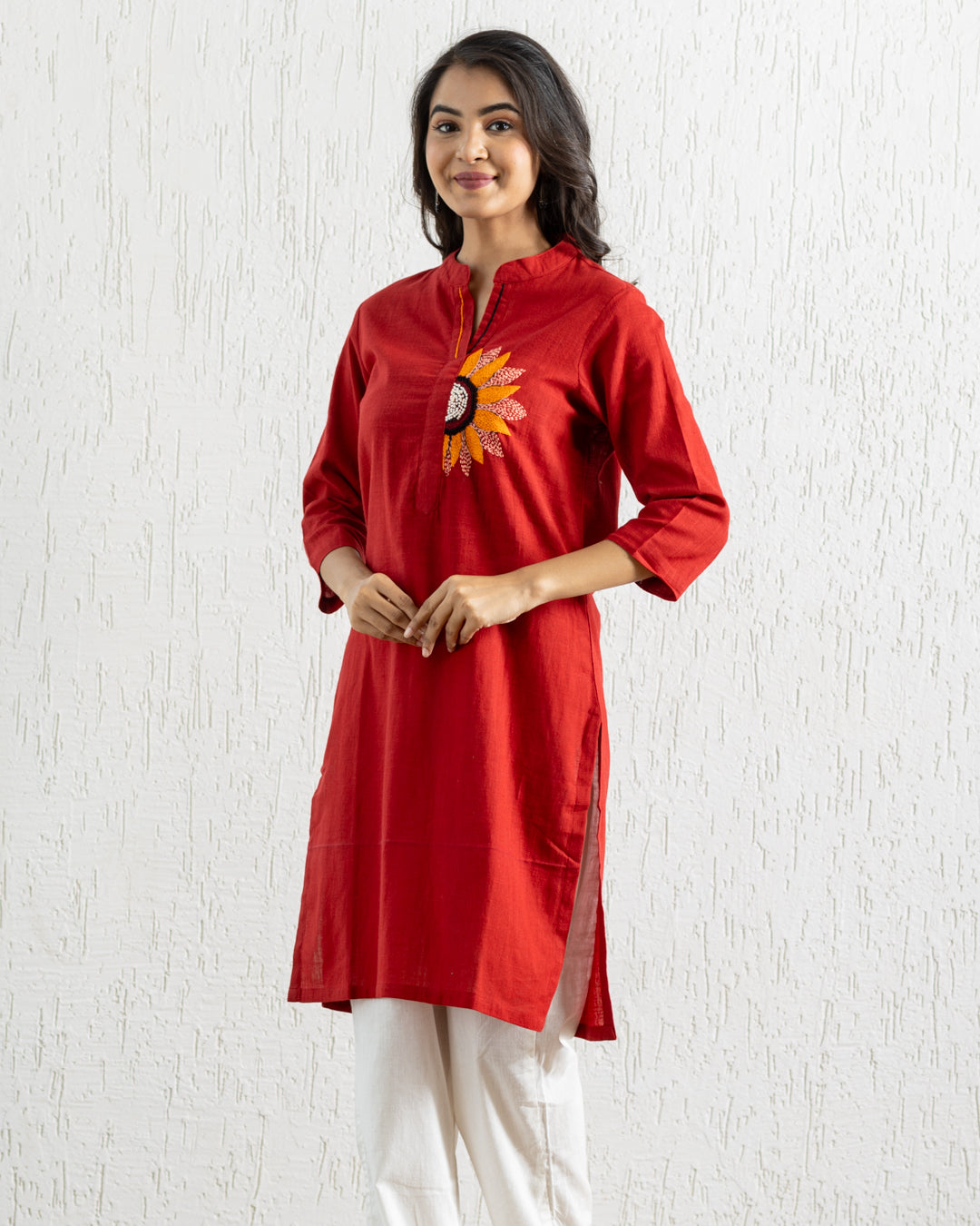 Plain Red Sunflower Embroidery Kurta