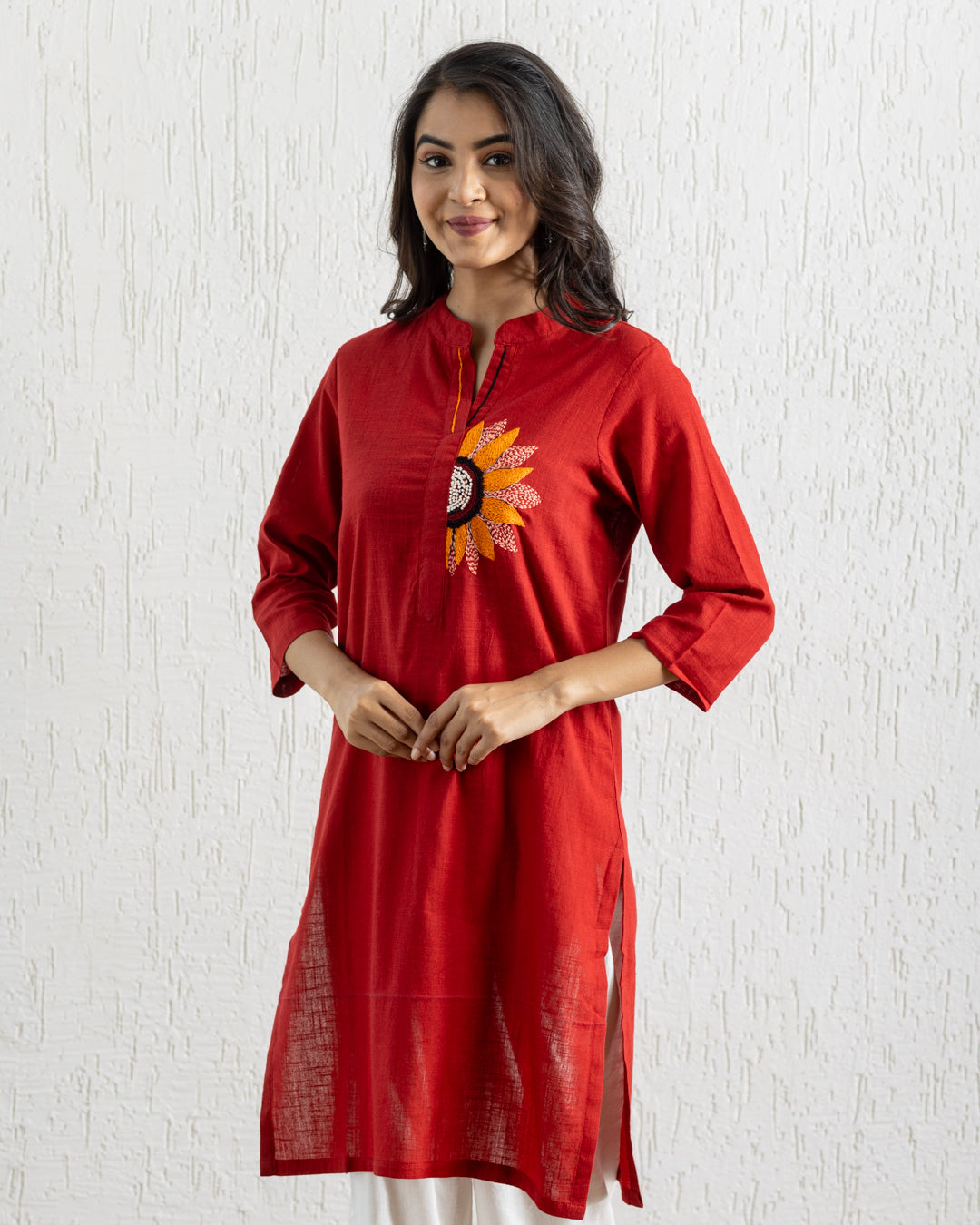 Plain Red Sunflower Embroidery Kurta
