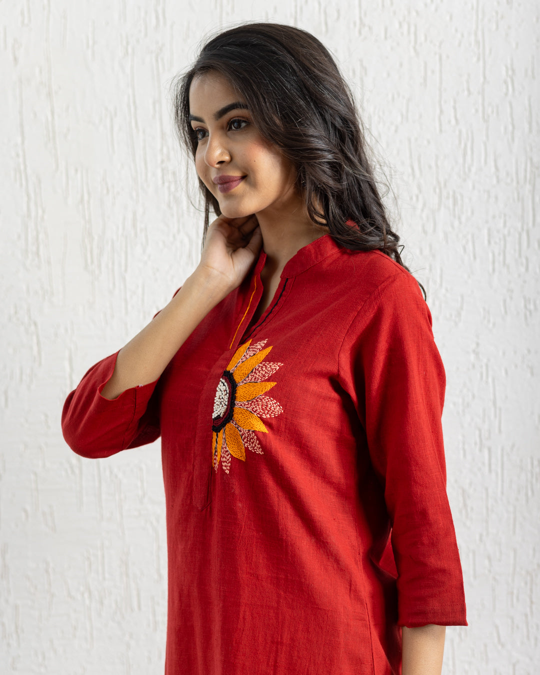Plain Red Sunflower Embroidery Kurta