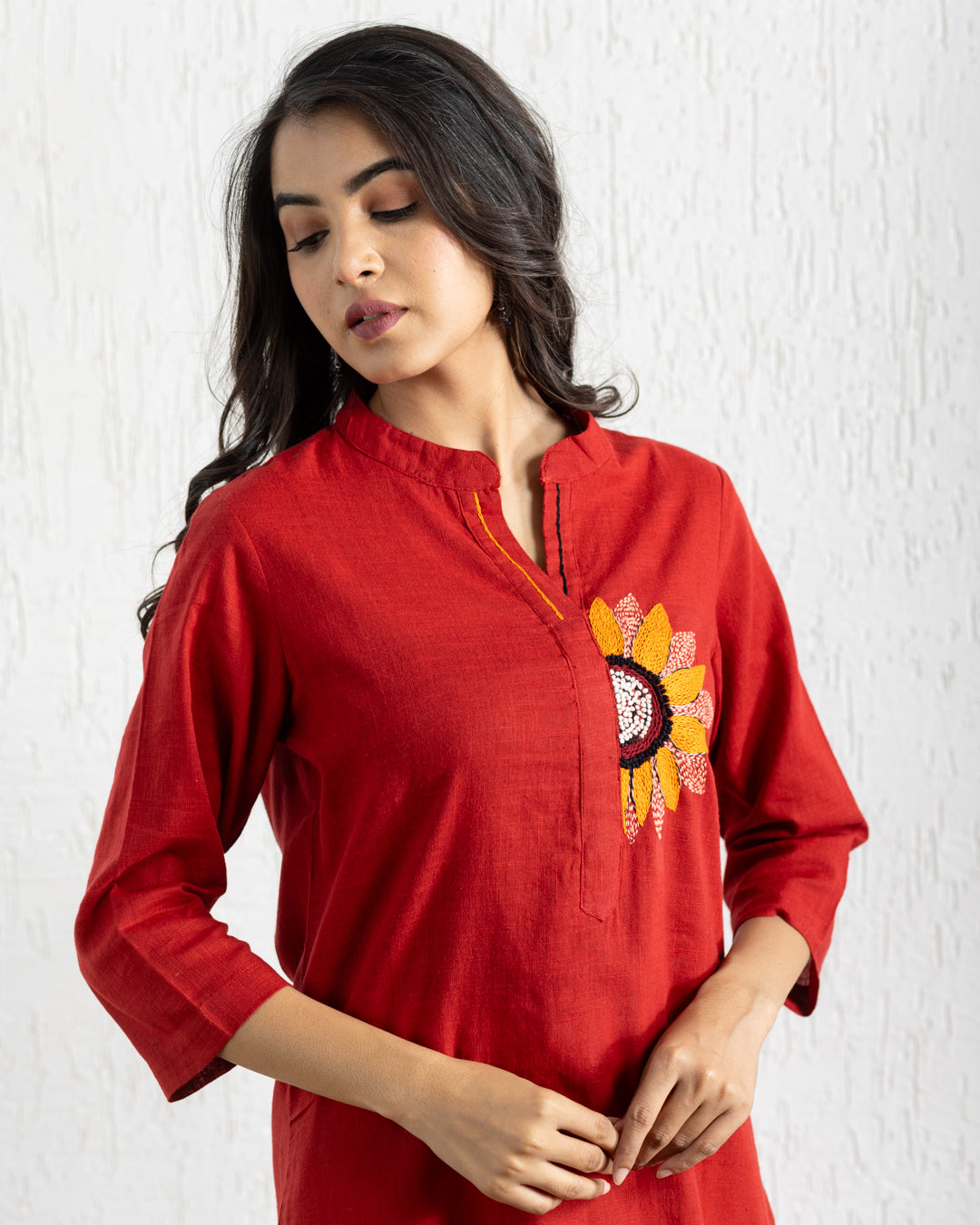 Plain Red Sunflower Embroidery Kurta