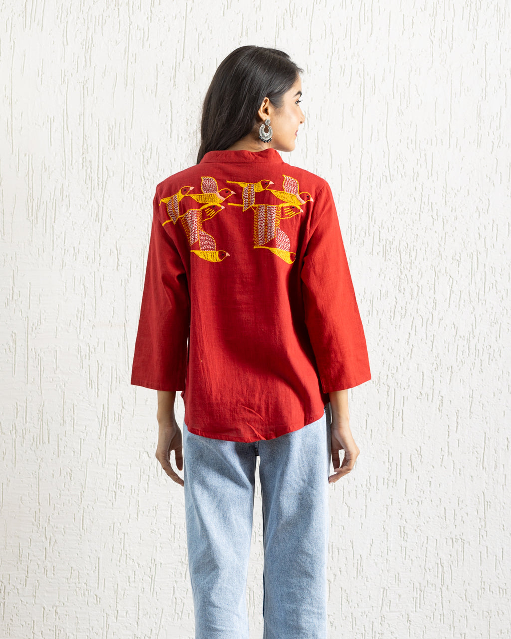 Plain Red Bird Embroidery Shirt