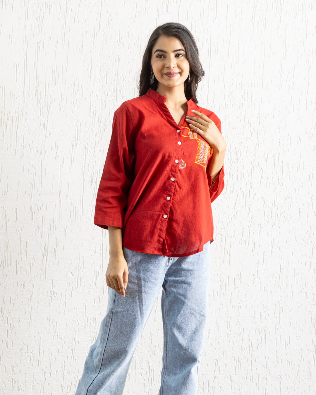 Plain Red Bird Embroidery Shirt