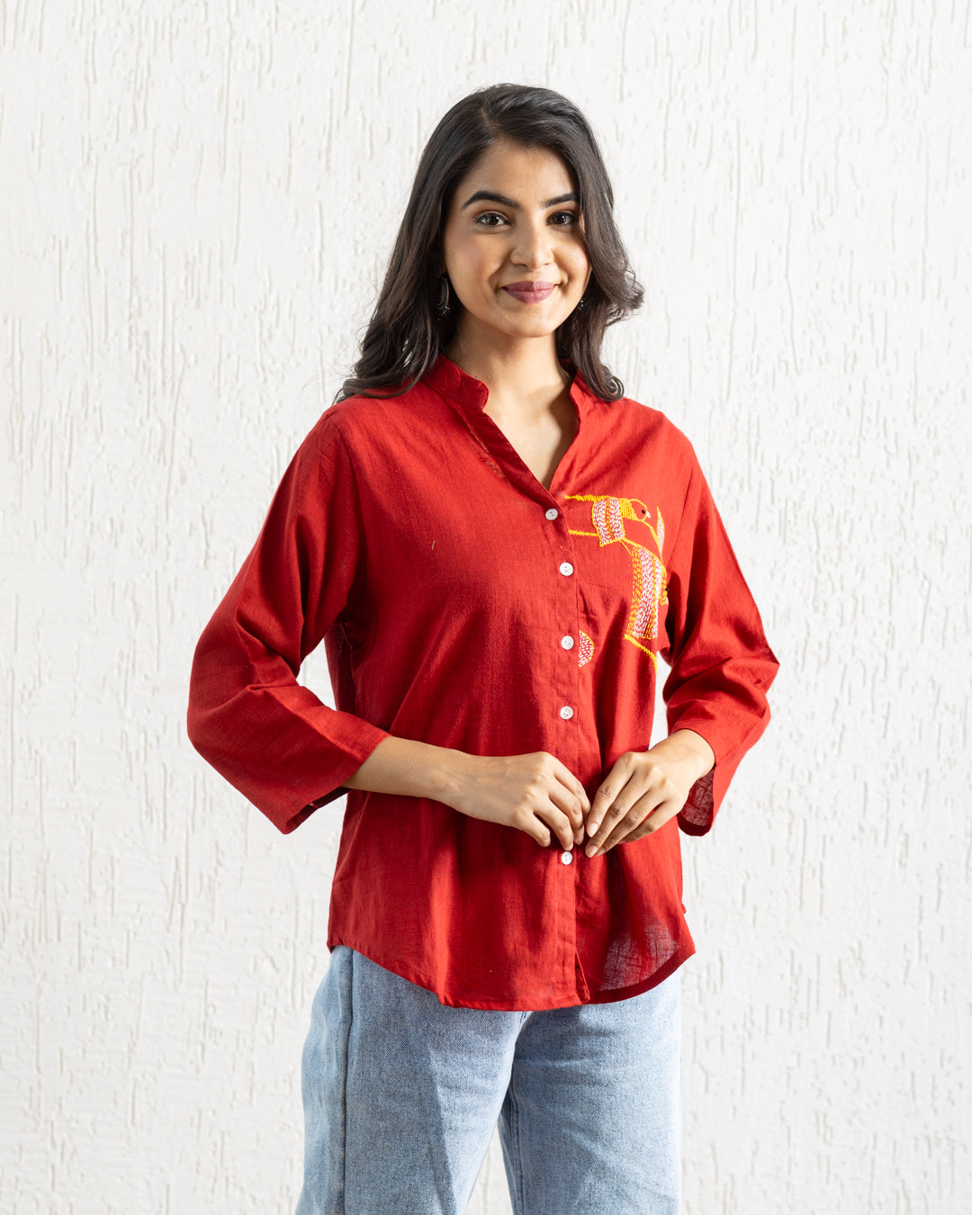 Plain Red Bird Embroidery Shirt