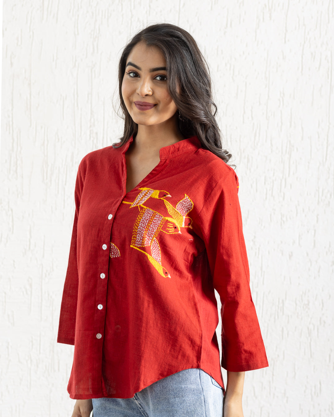 Plain Red Bird Embroidery Shirt