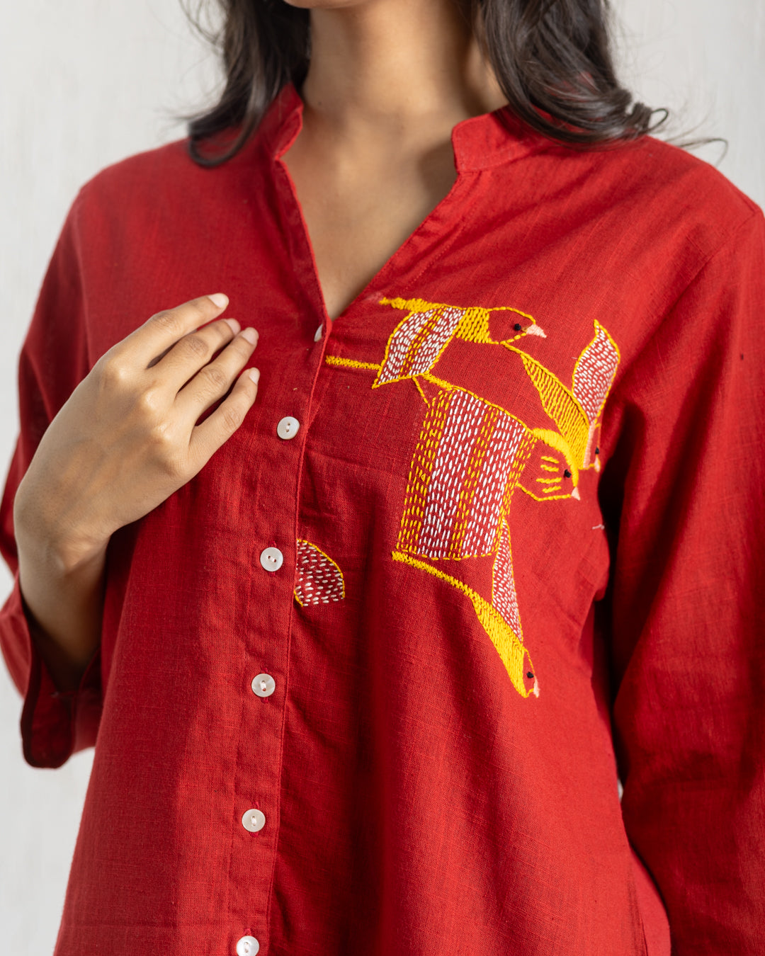 Plain Red Bird Embroidery Shirt
