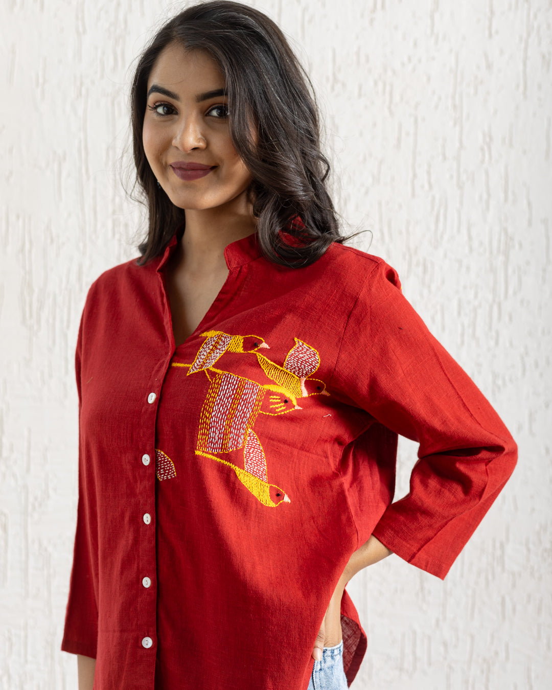 Plain Red Bird Embroidery Shirt