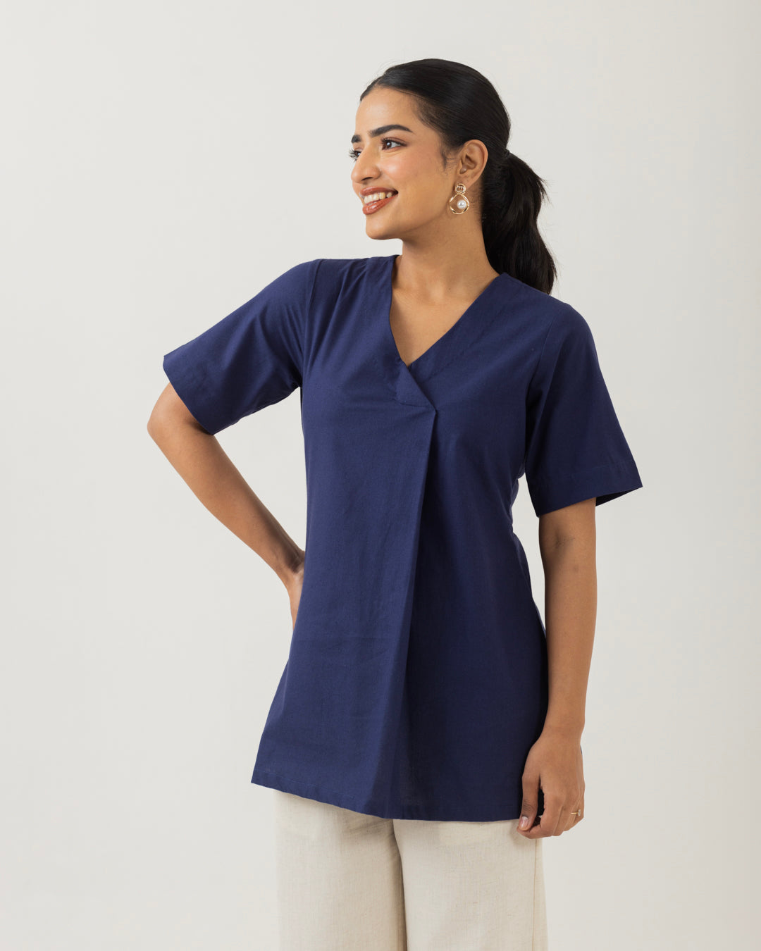 Front Box Pleat Mid Night Blue Top